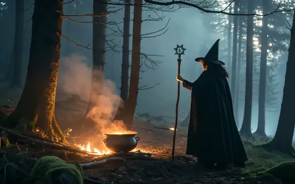 A witch in a dark cloak stands by a bubbling cauldron in a misty forest, surrounded by trees and a glowing fire, captured in 4K Ultra HD, embodying witchcore aesthetics.
