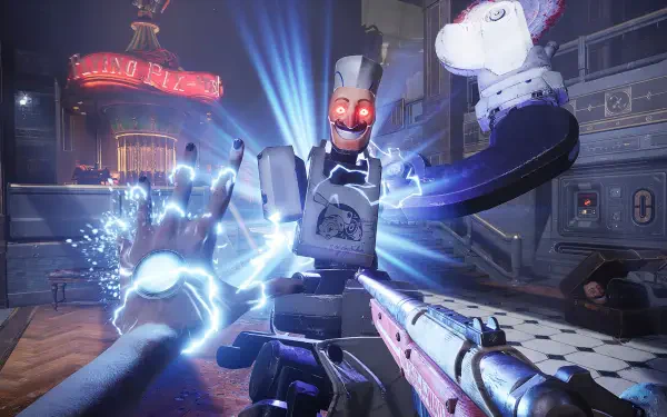 A dynamic HD desktop wallpaper from the video game Judas (2025), featuring an intense scene with a robot and a character engaging in a high-energy confrontation.
