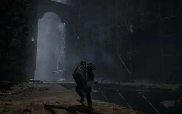 A character ventures through a dark, abandoned structure, illuminated by a faint light in the distance. This HD wallpaper captures the atmospheric essence of the video game Hell is Us.