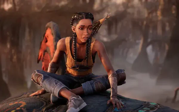 A character from the video game South of Midnight sits contemplatively on a textured surface, showcasing detailed 4K Ultra HD graphics in a mystical landscape.