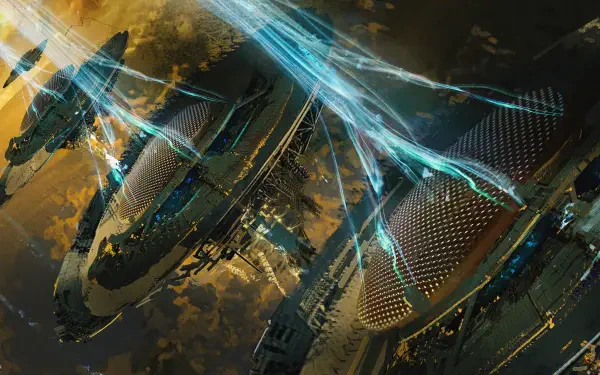 A stunning HD wallpaper featuring futuristic spacecraft from the video game Exodus (2024), showcasing intricate designs and vibrant energy patterns against a dramatic backdrop.