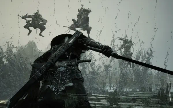 A dramatic scene from Phantom Blade Zero featuring a warrior in a dark environment, poised with a sword as shadowy figures on horseback charge from behind. Stunning HD wallpaper.