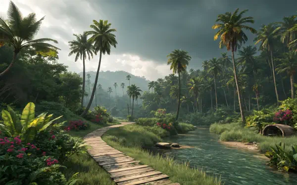 A serene tropical landscape with palm trees lining a winding path, lush greenery, vibrant flowers, and a tranquil stream under a dramatic sky, captured in stunning 4K Ultra HD quality.