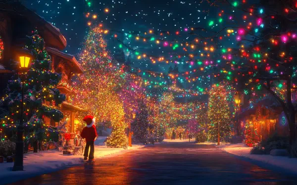 A vibrant, snow-covered street adorned with colorful Christmas lights and decorated trees, creating a festive atmosphere, captured in a stunning 4K Ultra HD wallpaper.