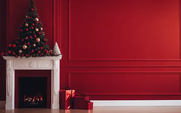 A minimalist holiday scene featuring a beautifully decorated Christmas tree beside a white fireplace, set against vibrant red walls, captured in 4K Ultra HD for a stunning desktop wallpaper.