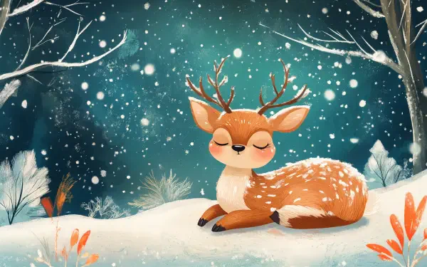 A cute winter scene featuring a charming deer resting in a snowy landscape, surrounded by gentle snowfall and frosty trees. This illustration serves as a beautiful 4K Ultra HD desktop wallpaper.