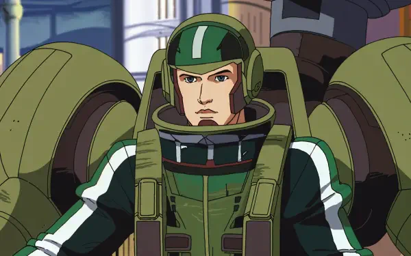 A mech pilot in a green and black suit, determined and focused, set against a futuristic backdrop. This image serves as a striking 4K Ultra HD wallpaper for PC desktops.