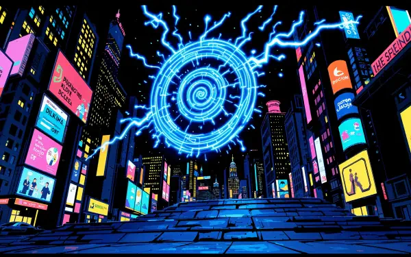 A vibrant neon light design illuminates a bustling cityscape, featuring digital billboards and an electrifying spiral pattern, ideal for a 4K Ultra HD PC desktop wallpaper.