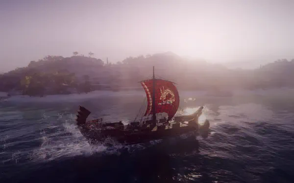 A stunning 4K Ultra HD desktop wallpaper of a ship sailing in the calm waters, inspired by the video game Assassin's Creed Odyssey, capturing a serene and adventurous atmosphere.