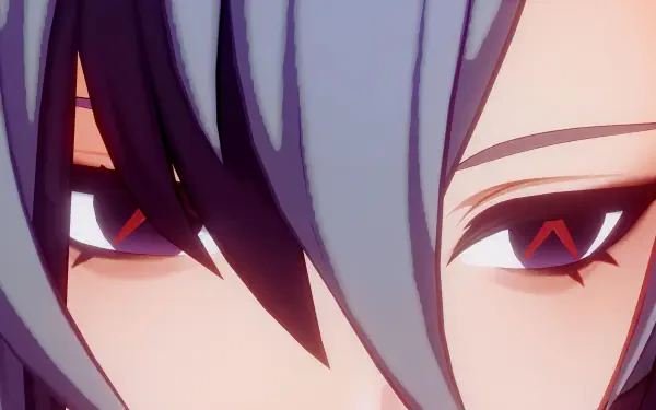 Close-up of Arlecchino from Genshin Impact, showcasing her distinct eyes and hair in a 4K Ultra HD PC desktop wallpaper.