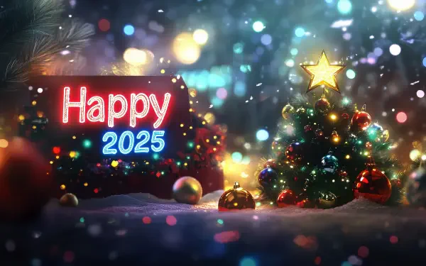 A vibrant New Year 2025 desktop wallpaper featuring a decorated tree with colorful ornaments and a glowing Happy 2025 sign, surrounded by festive lights and snowflakes.
