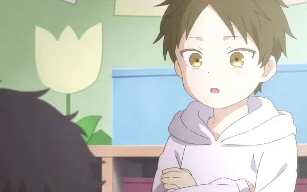 A charming HD desktop wallpaper from the anime Given Movie, featuring Hiiragi Mix with a thoughtful expression, set against a colorful background of plants and boxes.