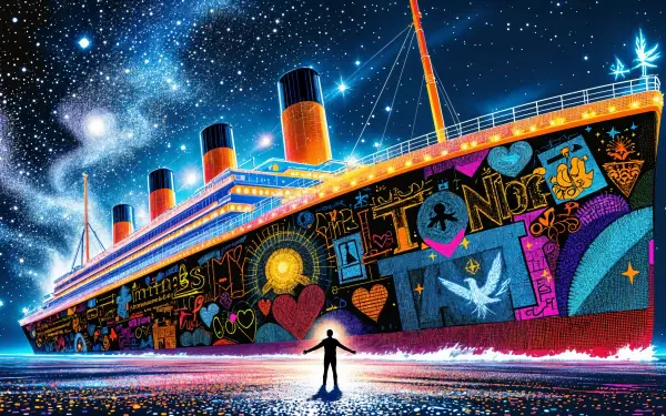 A vibrant 4K Ultra HD wallpaper featuring the Titanic, decorated with colorful, artistic graphics against a starry night sky, capturing a sense of wonder and nostalgia.
