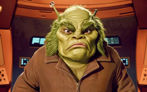 A grumpy character with green skin and prominent eyebrows, set against a futuristic background, featured as a 4K Ultra HD PC desktop wallpaper and background.