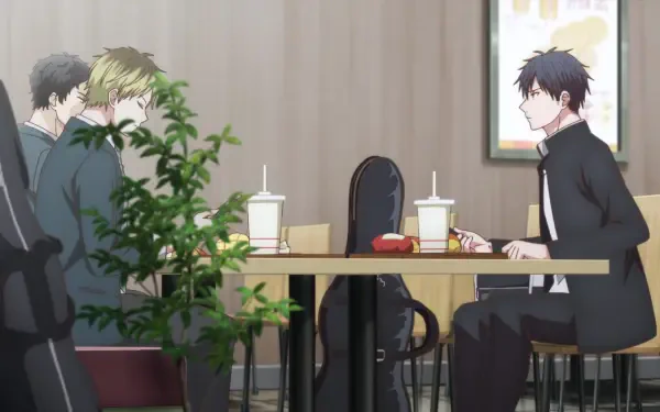 A serene scene from the anime Given Movie: Hiiragi Mix, featuring two characters at a café table with drinks and a guitar, set against a warm, inviting background.