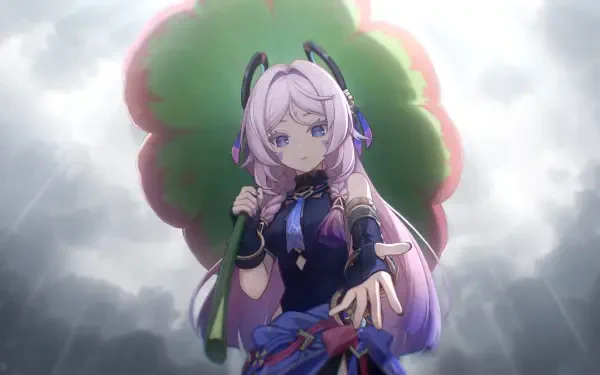 HD PC desktop wallpaper featuring Citlali, a girl character from the video game Genshin Impact, standing with a large green leaf against a cloudy background.