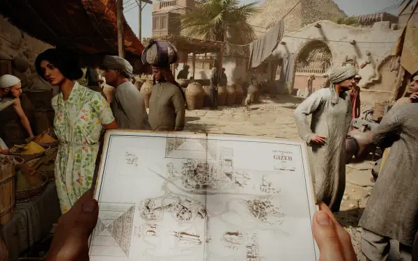 A vibrant scene from Indiana Jones and the Great Circle, featuring characters in a bustling market, with a detailed map in the foreground. An engaging HD PC desktop wallpaper.