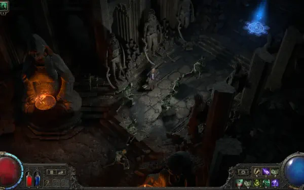 A detailed 4K Ultra HD background for Path of Exile 2, showcasing a dark, atmospheric environment with eerie statues, glowing elements, and intricate pathways.