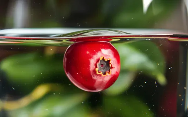 A vibrant, close-up view of a single cranberry floating just beneath the surface of clear water, surrounded by soft green foliage, captured in stunning 4K Ultra HD resolution.