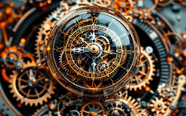 Intricate clockwork mechanism featuring detailed gears and a central clock face, showcased in stunning 4K Ultra HD, perfect for desktop wallpaper or background.