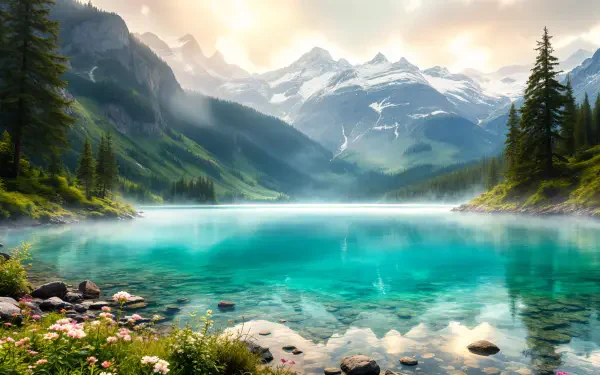 A serene mountain lake reflects stunning peaks under a soft sky, surrounded by lush greenery and vibrant flowers, capturing the beauty of nature in 4K Ultra HD.