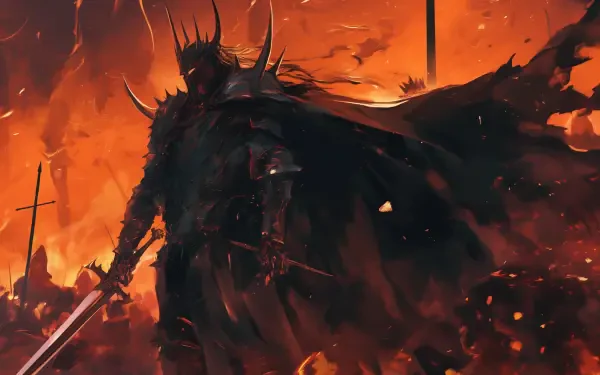 A formidable depiction of Sauron in armor, set against a fiery backdrop, capturing the essence of The Lord of the Rings. An epic HD wallpaper for fans of the movie.