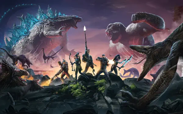 4K Ultra HD PC desktop wallpaper featuring Godzilla and Kong facing off alongside armed warriors in a dramatic, action-packed scene from Godzilla x Kong: The New Empire.