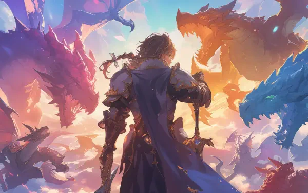 A paladin stands confidently, wielding a sword, amidst vibrant dragons in a fantasy landscape, showcasing a stunning 4K Ultra HD resolution.