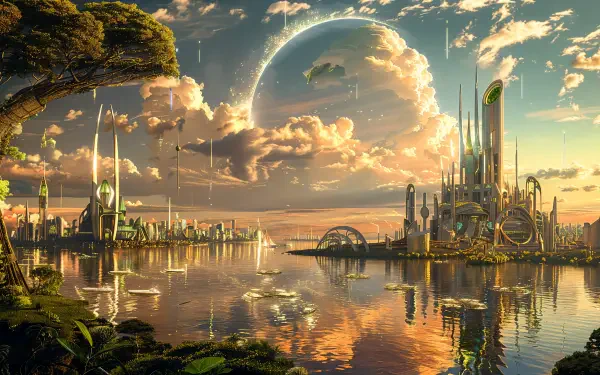 A stunning sci-fi cityscape reflected in water, featuring futuristic architecture, lush greenery, and a dramatic sky with clouds and a large celestial body, all in vibrant 4K Ultra HD quality.