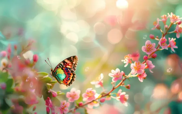 A vibrant butterfly rests on blooming flowers, surrounded by soft, colorful bokeh. This beautiful spring scene captures the essence of nature in a stunning 4K Ultra HD background.