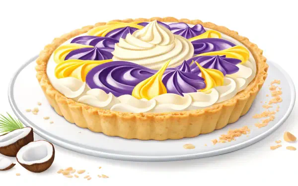A vibrant coconut cream pie adorned with swirls of yellow and purple cream sits elegantly on a plate, showcased in stunning 4K Ultra HD, perfect for a desktop wallpaper.