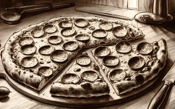 A detailed 4K Ultra HD wallpaper featuring a delicious pepperoni pizza with several slices cut out, set against an inviting kitchen background.