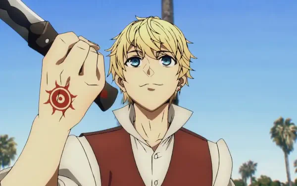 A cheerful anime character from Fate/strange fake holds a weapon, showcasing a distinctive sun symbol on his hand, set against a bright blue sky and palm trees. An engaging HD desktop wallpaper.