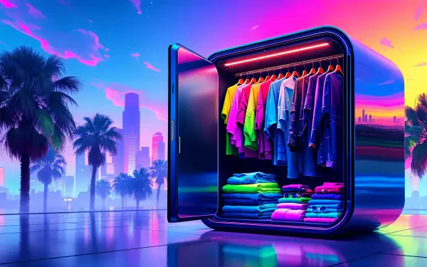 A vibrant capsule wardrobe displayed in a sleek, illuminated closet against a colorful urban sunset backdrop, featuring hanging shirts and neatly folded clothes amidst palm trees.