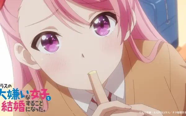 A vibrant HD anime wallpaper featuring a girl with pink hair and purple eyes, from I'm Getting Married to a Girl I Hate in My Class, playfully eating a snack.
