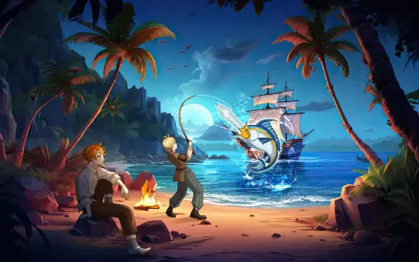 A colorful HD desktop wallpaper featuring a sea fantasy scene with two characters fishing on a beach, a ship in the background, and lush palm trees under a twilight sky.