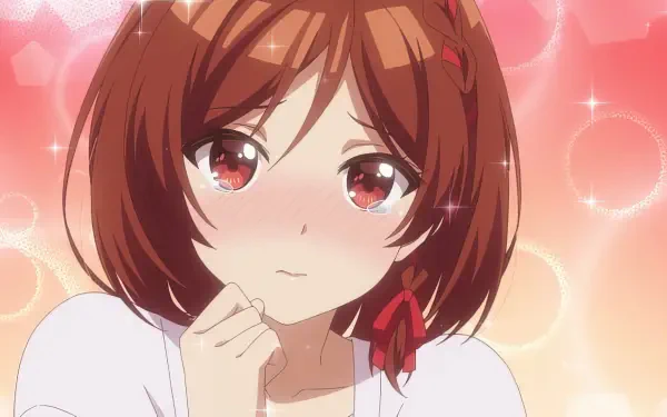 An anime character with brown hair and red ribbons gazes pensively, surrounded by soft, sparkling pink tones. This HD wallpaper is inspired by I'm Getting Married to a Girl I Hate in My Class.