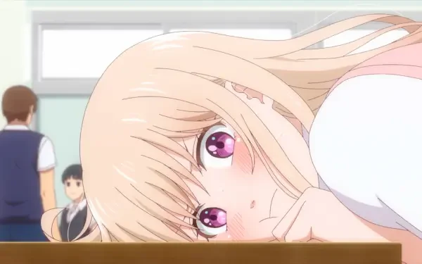 A character from Medaka Kuroiwa Is Impervious to My Charms rests her head on a desk, displaying large, expressive pink eyes, in a vibrant classroom setting. HD desktop wallpaper.