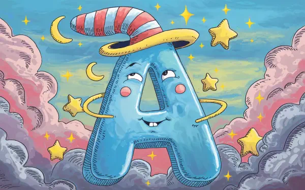 Colorful cartoon letter 'A' wearing a striped hat, surrounded by stars and clouds, set against a vibrant sky. This whimsical design makes for an engaging 4K Ultra HD desktop wallpaper.
