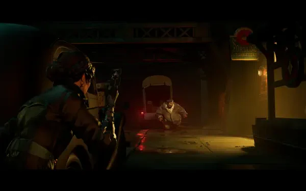 A dramatic scene from the video game Sleight of Hand, featuring a character aiming a weapon in a dimly lit environment, showcasing vibrant lighting and tension in 4K Ultra HD quality.