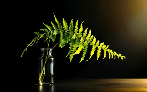 A vibrant green fern displayed in a glass vase, set against a dark background, creating a striking contrast. This image serves as a stunning 4K Ultra HD desktop wallpaper.
