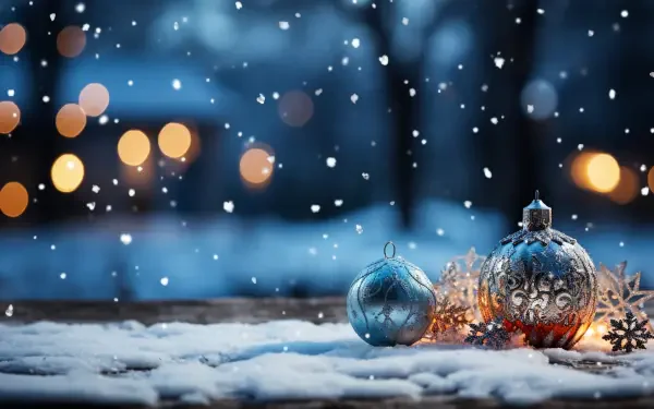4K Ultra HD PC wallpaper featuring shimmering Christmas ornaments on snow with softly falling snowflakes and blurred festive lights in the background for New Year ambiance.