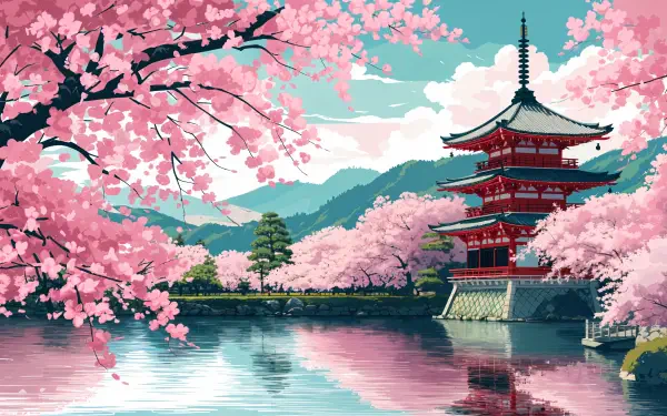 A serene cherry blossom festival scene featuring vibrant pink blossoms surrounding a traditional pagoda by a tranquil lake, perfect for a 4K Ultra HD desktop wallpaper.
