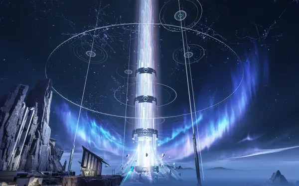 Wuthering Waves 8K Ultra HD PC desktop wallpaper depicting a futuristic beam of light surrounded by glowing magical circles against a starry night sky and rocky landscape.