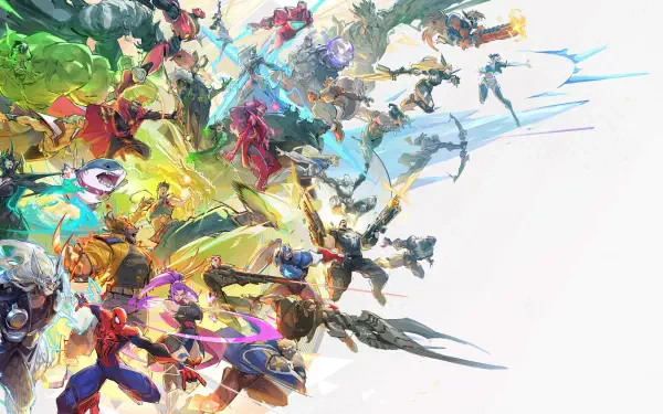 Dynamic 4K Ultra HD Marvel Rivals desktop wallpaper showcasing an epic battle scene with vibrant superheroes in action against a bright background.