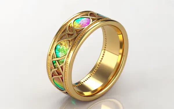 4K Ultra HD wallpaper featuring an elegant gold ring with intricate designs and vibrant opal gemstones, showcasing refined jewelry craftsmanship.