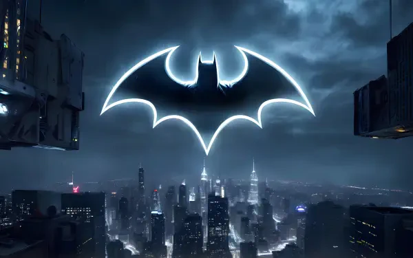 Batman logo illuminated in glowing neon above a dark cityscape at night, rendered as a 4K Ultra HD comic-style PC desktop wallpaper.