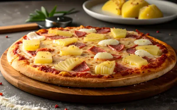 A delicious Hawaiian pizza topped with ham, pineapple, and mozzarella sits on a wooden board, with fresh pineapples in the background. Ideal for a vibrant 4K Ultra HD wallpaper.