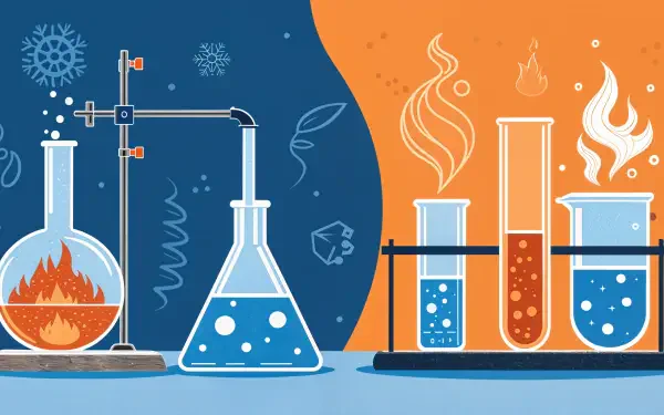 Colorful illustration of a laboratory experiment featuring beakers and flasks with bubbling liquids and flames, designed as a 4K Ultra HD PC desktop wallpaper and background.