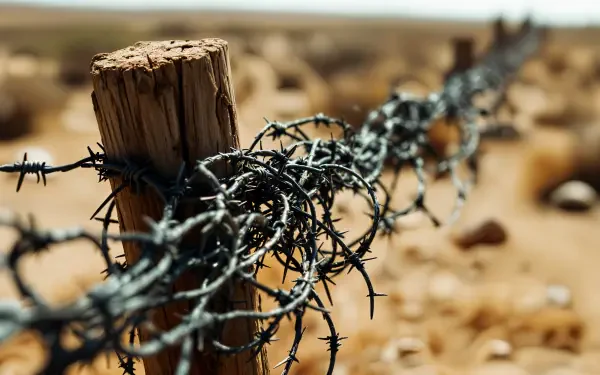 Close-up of barbed wire coiled around a wooden post in a desert landscape, showcasing detailed textures, ideal for a 4K Ultra HD PC desktop wallpaper.